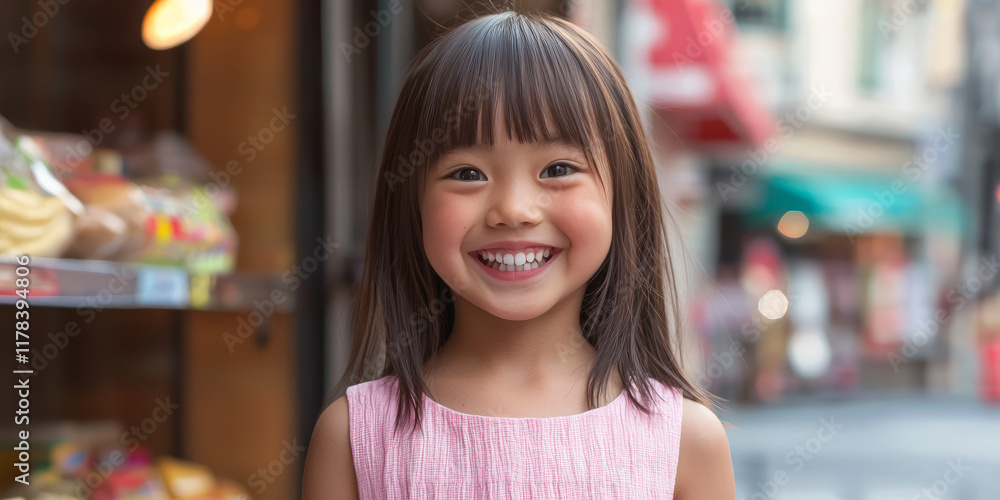 A cute little Asian girl, smiling and looking at the camera, generative AI A cute little Asian girl, smiling and looking at the camera, generative AI