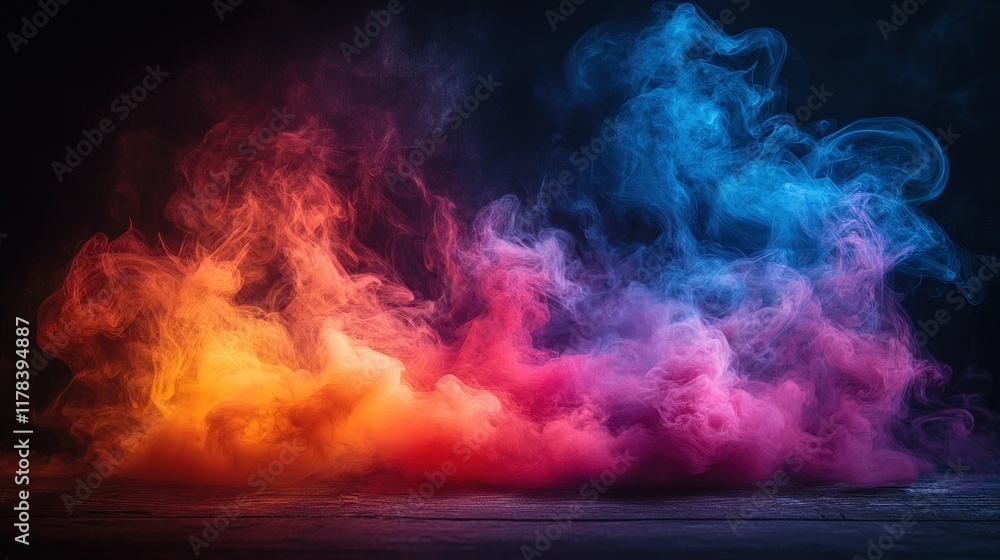 Fototapeta premium Colorful Smoke Swirls Above Dark Wooden Surface