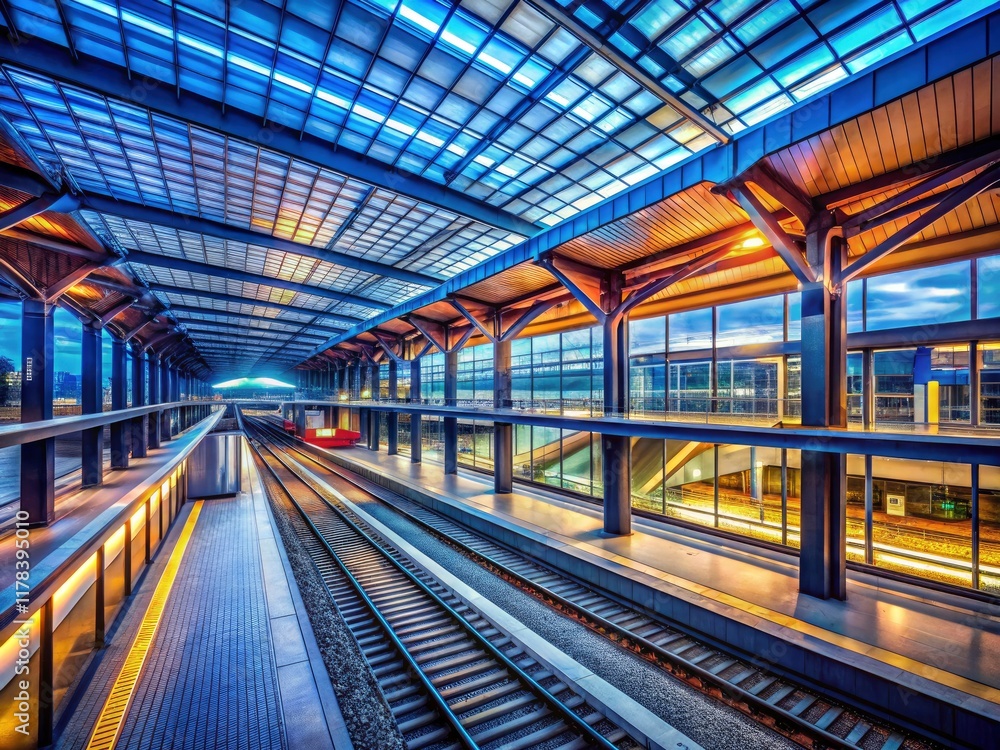 Modern train station design rendered in macro detail, showcasing steel, glass, and concrete. Modern train station design rendered in macro detail, showcasing steel, glass, and concrete.