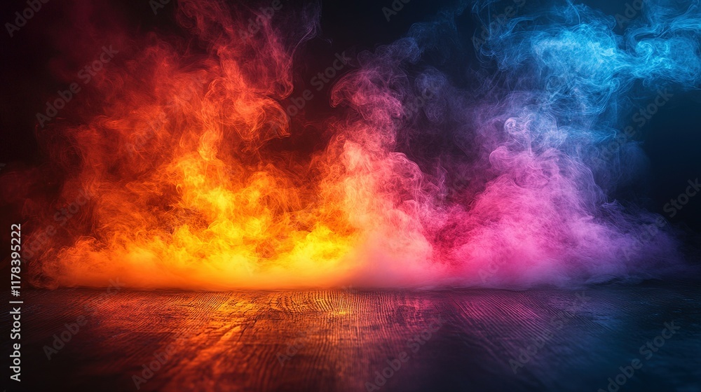 Naklejka premium Vibrant Colored Smoke Above Dark Wooden Surface