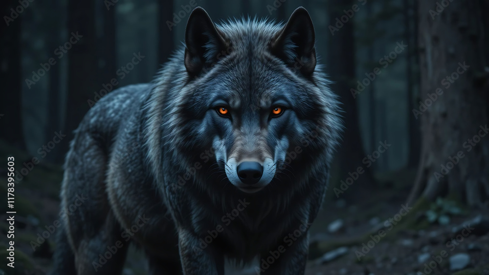 Fearsome wolf in dark forest, eyes of fire Fearsome wolf in dark forest, eyes of fire