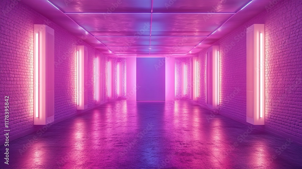 Fototapeta premium Neon Lit Brick Corridor With Purple And Blue Lighting