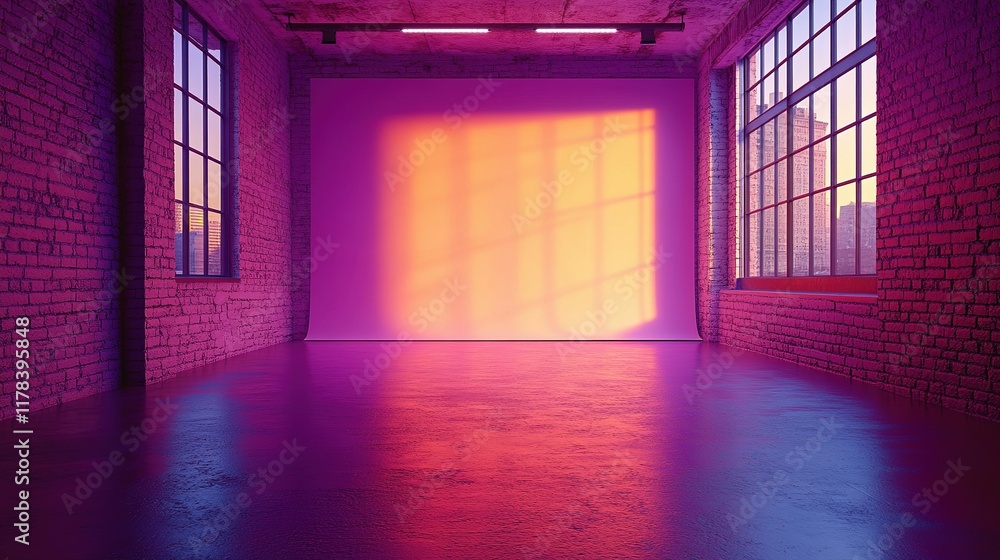 Neon Lit Brick Room With Large Windows and Backdrop Neon Lit Brick Room With Large Windows and Backdrop
