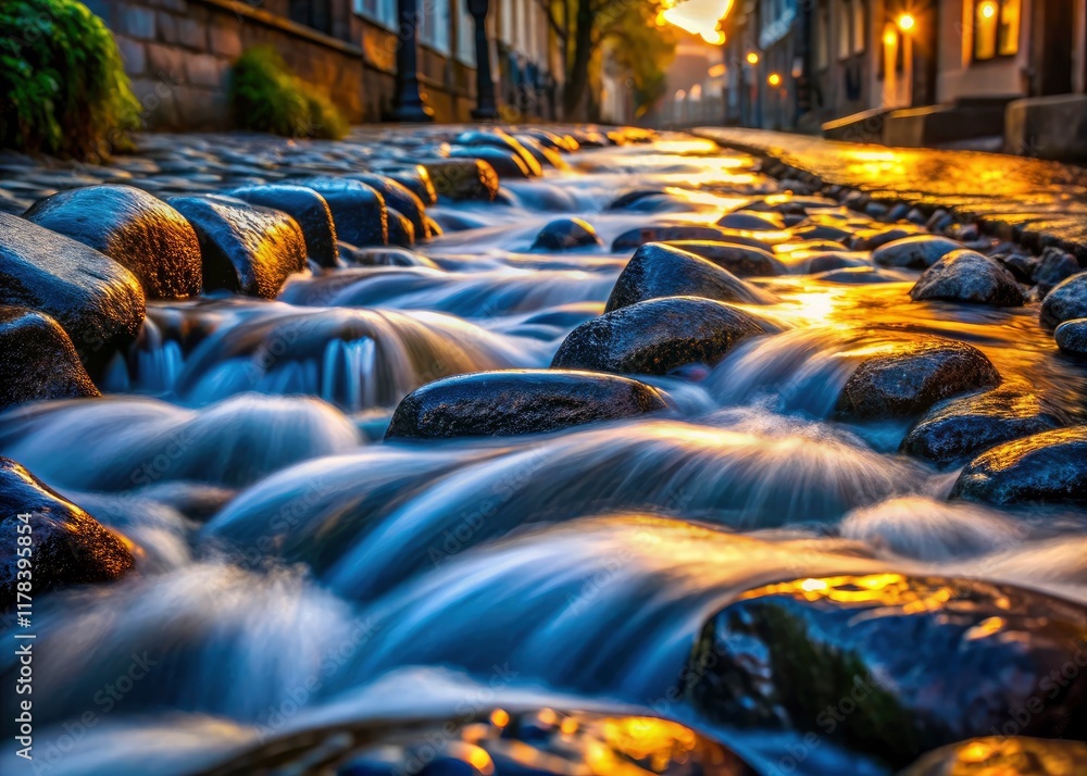 Obraz premium Rapid river's motion captured: blurred water streaks over close-up cobblestones.