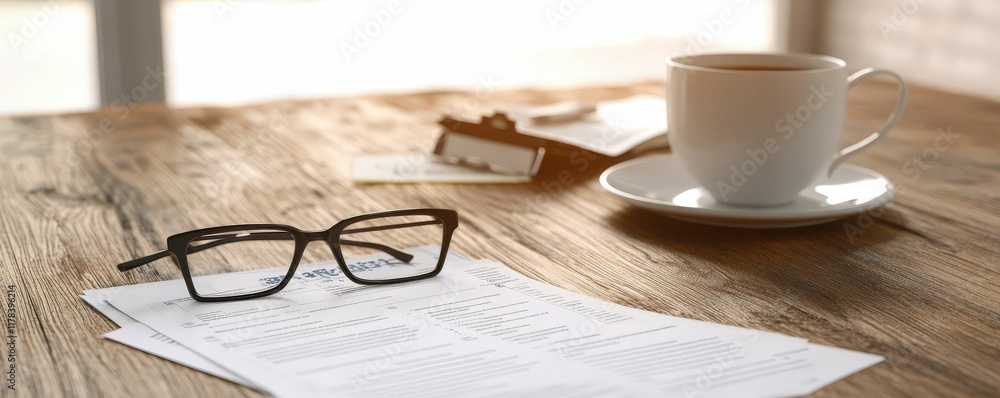 A cozy workspace featuring glasses, papers, and a coffee cup on a wooden table, illuminated by soft natural light. A cozy workspace featuring glasses, papers, and a coffee cup on a wooden table, illuminated by soft natural light.