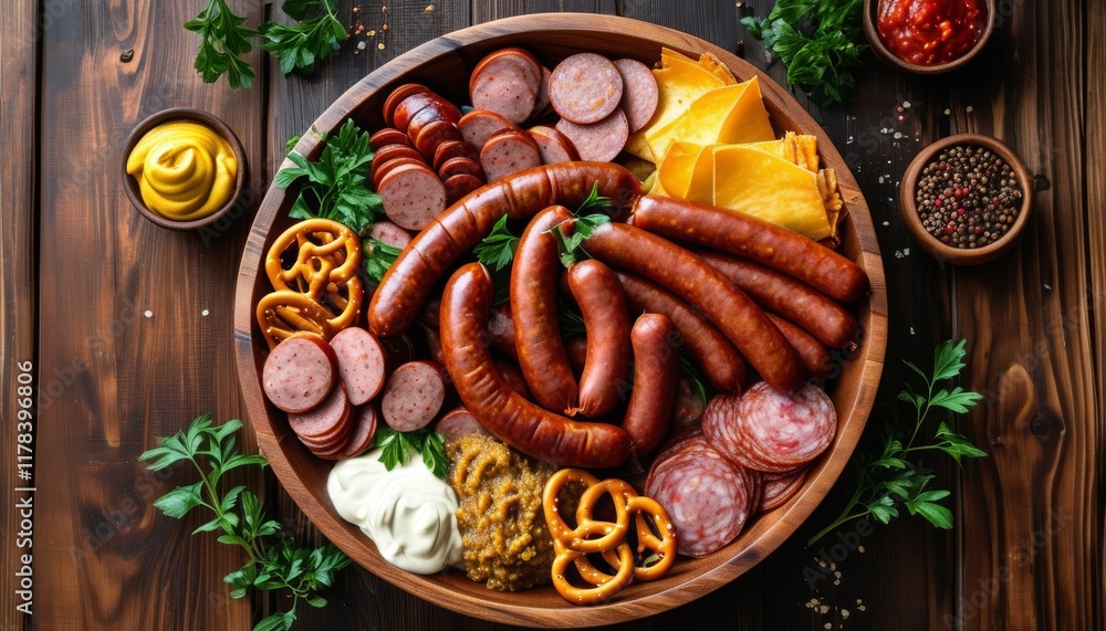Traditional German Sausage Platter with Mustard and Pretzels on Wooden Table Traditional German Sausage Platter with Mustard and Pretzels on Wooden Table