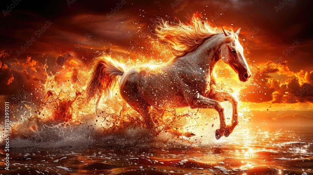 Horse runs on water with fire and sunset, for fantasy artwork or wallpaper. Horse runs on water with fire and sunset, for fantasy artwork or wallpaper.