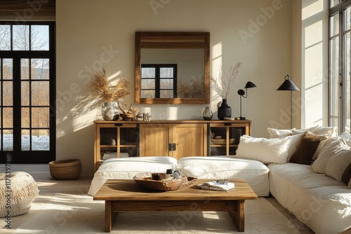 Scandinavian style living room with oak sideboard, white sofa, coffee table, black metal accents, mirror, and natural light creating soft shadows. photo