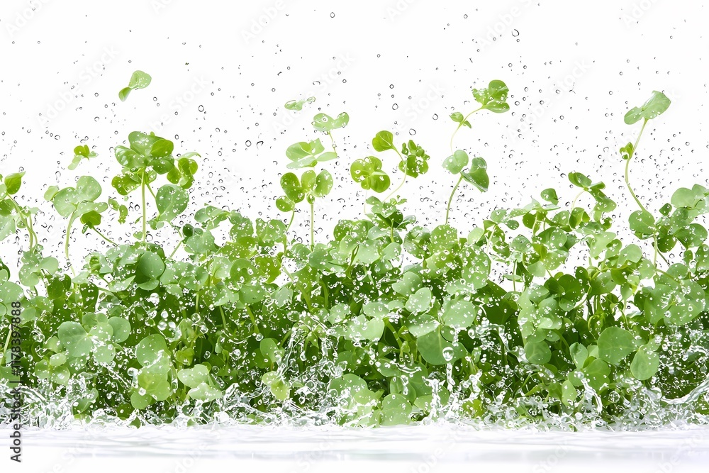 Fresh Green Clover Plants Splashing in Water on White Background Fresh Green Clover Plants Splashing in Water on White Background