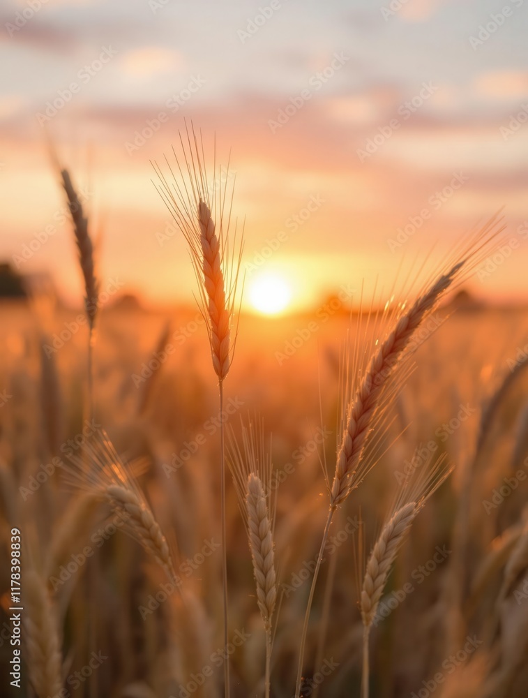 Golden wheat field at sunset with sunlit horizon and soft clouds Golden wheat field at sunset with sunlit horizon and soft clouds