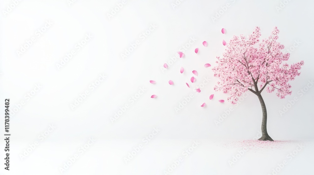 Fototapeta premium A serene pink tree shedding blossoms in a minimalist setting.