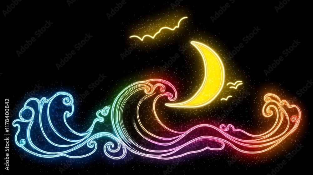Rainbow Waves Crashing Underneath A Crescent Moon Rainbow Waves Crashing Underneath A Crescent Moon