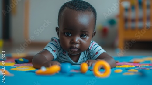 Adorable baby playing on colorful play mat, surrounded by toys, exploring textures and shapes in a cheerful indoor environment, fostering curiosity and development