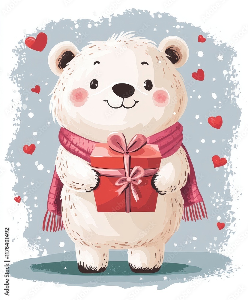 Fototapeta premium A fluffy white bear gently cradles a vibrant red gift, embodying the spirit of love and affection perfect for Valentine's Day celebrations.