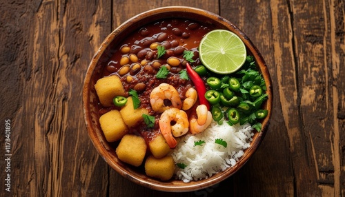 Colorful Brazilian Acaraj Bowl with Shrimp, Rice, Beans, Green Peppers, and Lime Slice photo