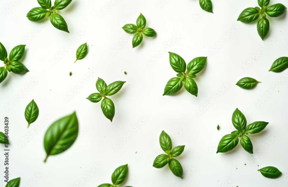 Fresh basil leaves float against white background. Green leaves arranged in dynamic pattern. Studio shot shows organic food elements. Vibrant photo perfect for food websites, cookbooks, healthy Fresh basil leaves float against white background. Green leaves arranged in dynamic pattern. Studio shot shows organic food elements. Vibrant photo perfect for food websites, cookbooks, healthy