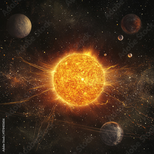  A simulation of the Sun's motion toward the solar apex, surrounded by the orbiting planets, cometary tails, and interstellar gas illuminated by starligh photo