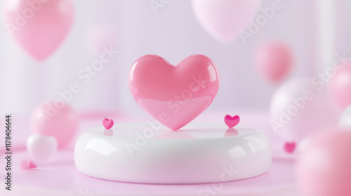 cute pink heart icon surrounded by floating pastel hearts creates whimsical and joyful atmosphere. This 3D rendering evokes feelings of love and affection
