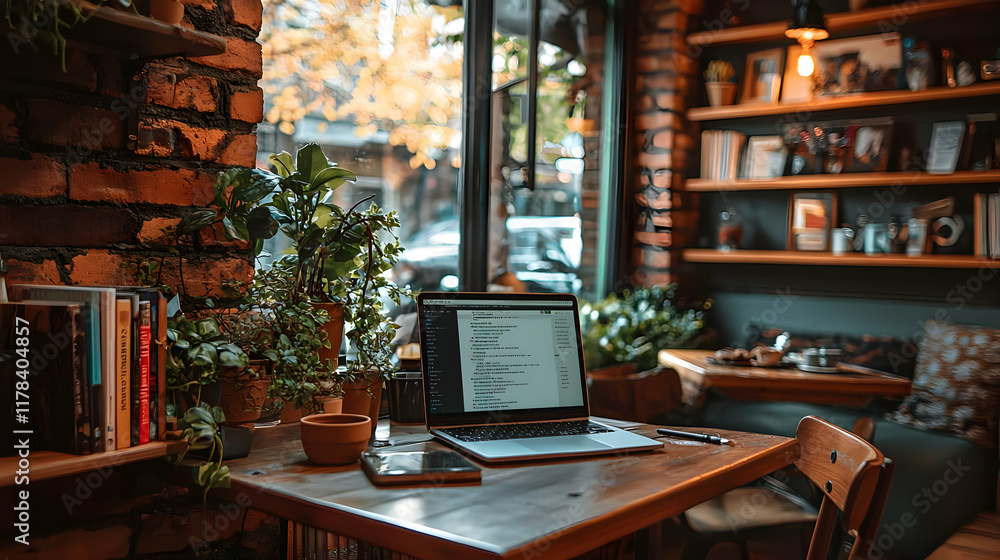 Laptop Code on Desk, Plants & Books Around Laptop Code on Desk, Plants & Books Around
