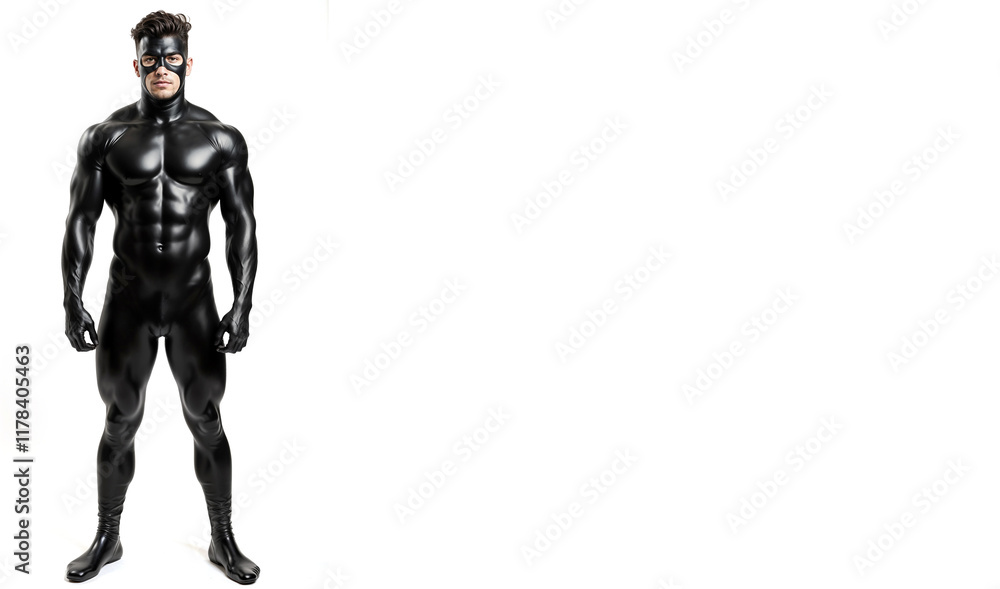 attractive young muscular man with athletic build in black latex cloth at plain white background with empty space for text or design attractive young muscular man with athletic build in black latex cloth at plain white background with empty space for text or design