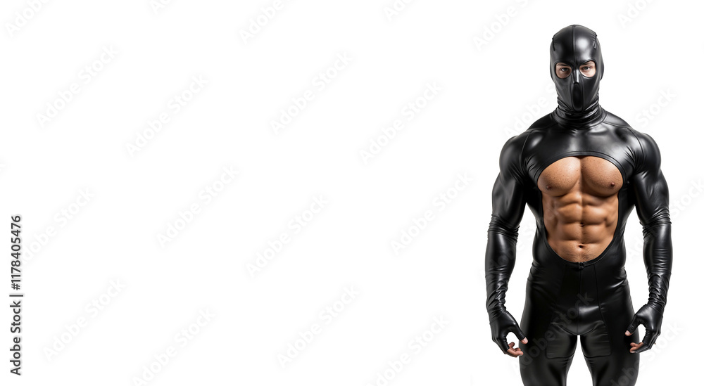 attractive young muscular man with athletic build in black latex cloth at plain white background with empty space for text or design attractive young muscular man with athletic build in black latex cloth at plain white background with empty space for text or design