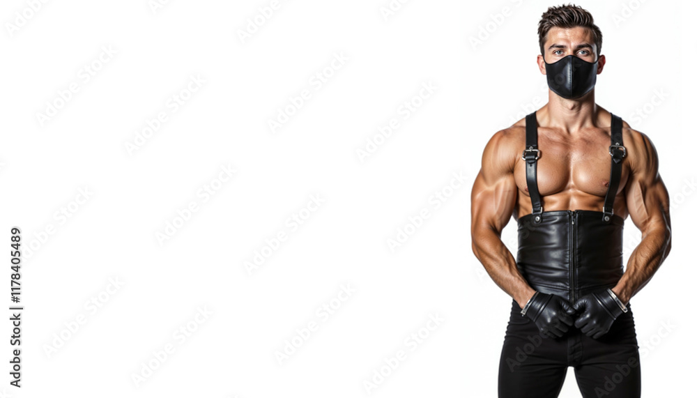 attractive young muscular man with athletic build in black latex cloth at plain white background with empty space for text or design attractive young muscular man with athletic build in black latex cloth at plain white background with empty space for text or design