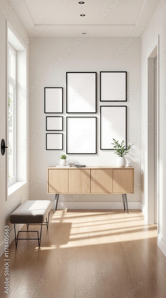 Fototapeta premium Modern minimalist hallway with framed art and wooden console in sunlit space