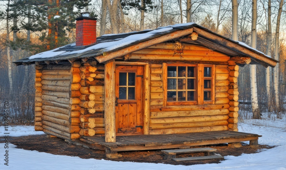 Winter cabin, snowy forest, sunset, rustic retreat, vacation Winter cabin, snowy forest, sunset, rustic retreat, vacation