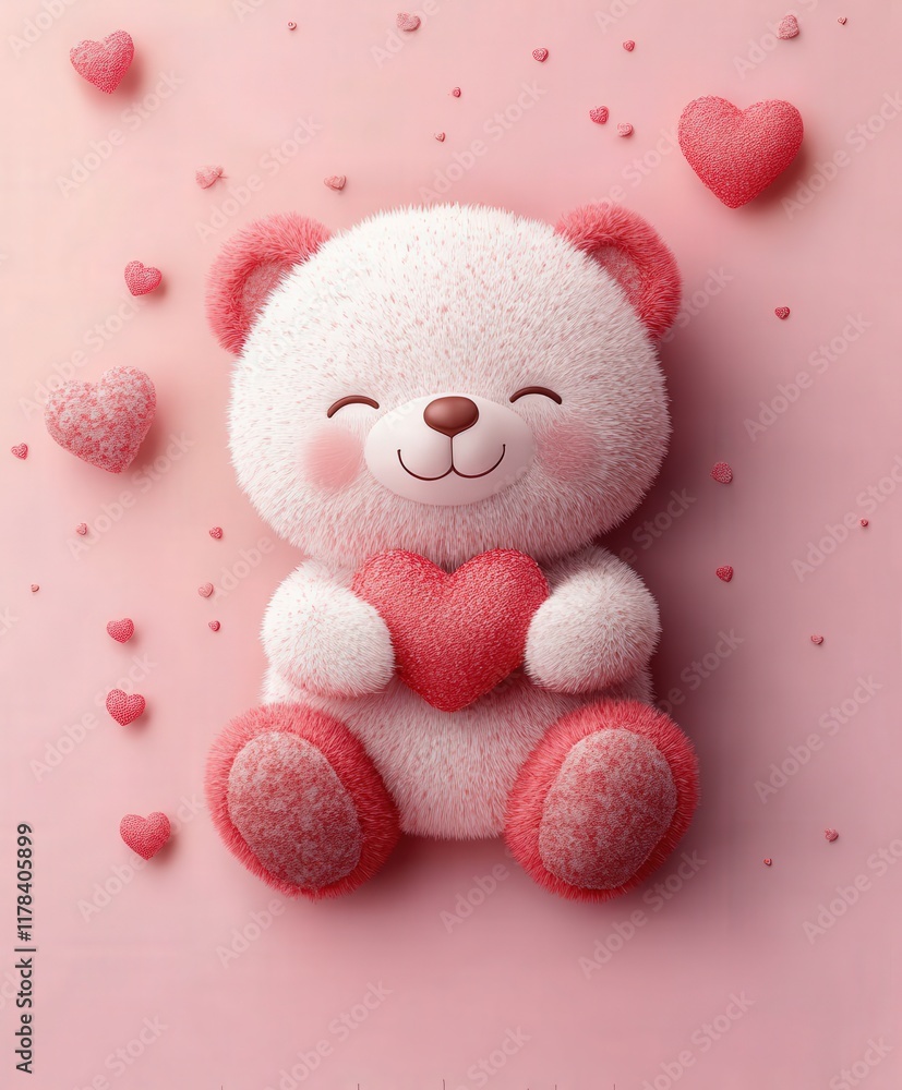 Fototapeta premium A cuddly teddy bear cradles a bright red heart against a soft pink backdrop, embodying love and warmth for Valentine's Day.