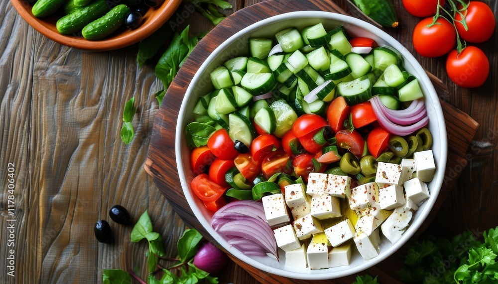 Fresh Greek Salad in Bowl with Vegetables, Feta, and Dressing on Rustic Wooden Tabletop Fresh Greek Salad in Bowl with Vegetables, Feta, and Dressing on Rustic Wooden Tabletop