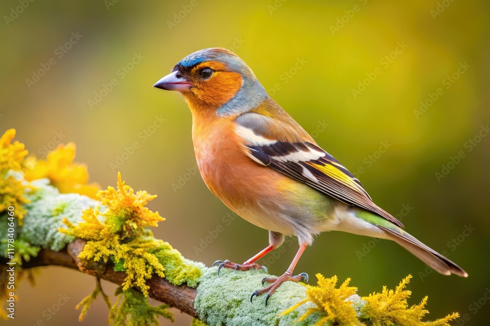 Obraz premium Aerial Chaffinch on Lichen Branch - Stunning Bird Photography