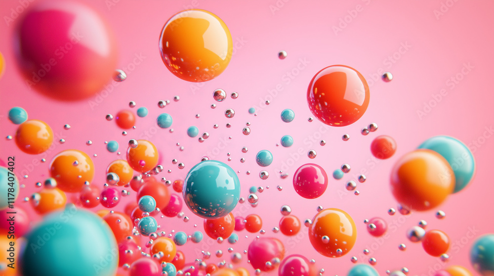 Colorful spheres on pink background, abstract background Colorful spheres on pink background, abstract background