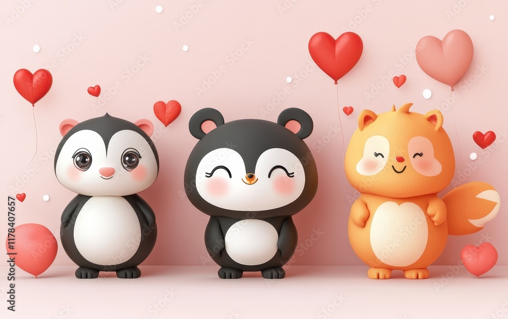 Three adorable animals stand side by side, each adorned with colorful hearts, radiating joy and love, perfect for celebrating Valentine's Day. Three adorable animals stand side by side, each adorned with colorful hearts, radiating joy and love, perfect for celebrating Valentine's Day.