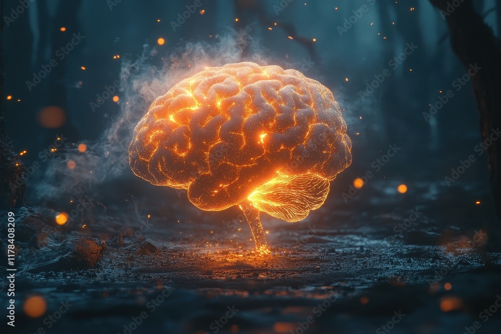 Glowing Brain in Mystical Forest - Illuminated Neural Network Amidst Enchanted Woods with Sparkling Particles and Ethereal Atmosphere Glowing Brain in Mystical Forest - Illuminated Neural Network Amidst Enchanted Woods with Sparkling Particles and Ethereal Atmosphere
