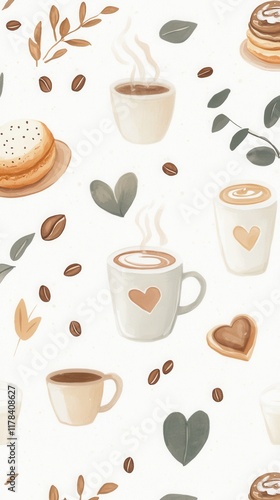 Wallpaper Mural Cozy Coffee Shop Wallpaper with Heart Mugs and Cookies Pattern Torontodigital.ca