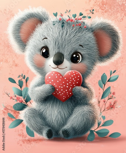 A cute cartoon koala bear tenderly clutches a vibrant heart, radiating love and joy, perfect for celebrating Valentine's Day with warmth and affection. photo