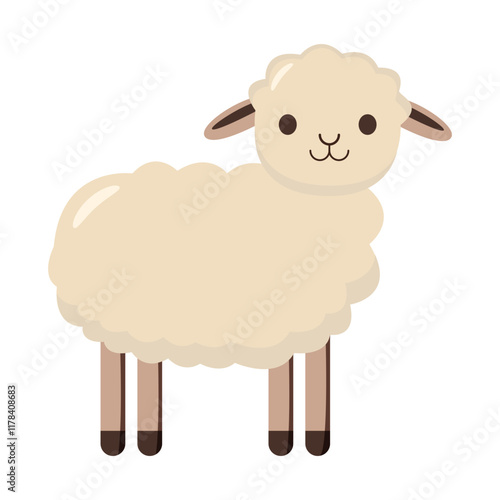 Adorable cartoon sheep with a fluffy coat, standing on a white background. Simple and playful concept of farm animals and innocence