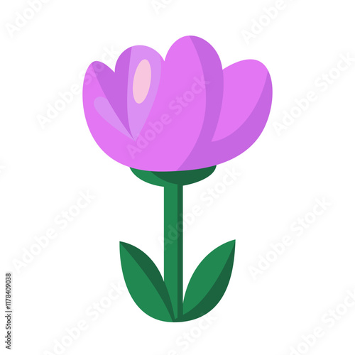 Minimalist illustration of a pink flower with green stem and leaves, isolated on white background, symbolizing simplicity and nature