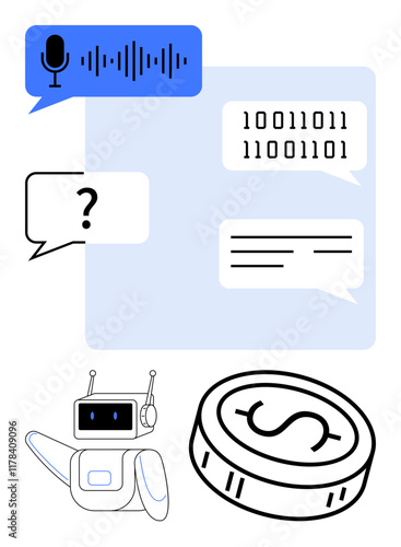 AI robot with speech bubble, binary code, text chat, voice command graphic, and cryptocurrency coin. Ideal for AI, technology, communication finance blockchain programming automation. Line