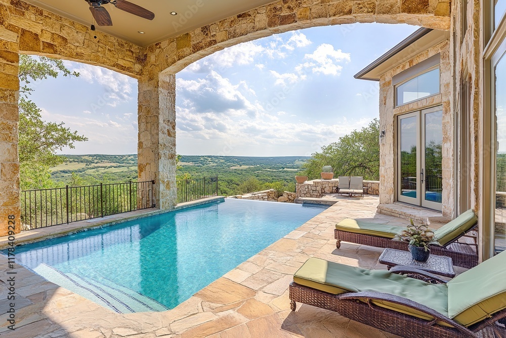 Stunning Infinity Pool Overlooks Serene Hillside Landscape with Breathtaking Views, Luxurious Patio Furniture Enhances Relaxation. Stunning Infinity Pool Overlooks Serene Hillside Landscape with Breathtaking Views, Luxurious Patio Furniture Enhances Relaxation.