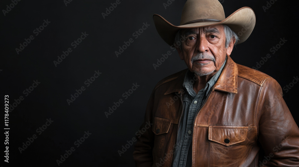 portrait of elderly man wearing cowboy hat and leather jacket, exuding wisdom and strength. His serious expression reflects life of experience and resilience portrait of elderly man wearing cowboy hat and leather jacket, exuding wisdom and strength. His serious expression reflects life of experience and resilience