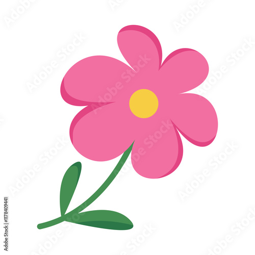 Minimalistic pink flower with green leaves, yellow center, flat graphic style on white background, symbolizing simplicity and nature