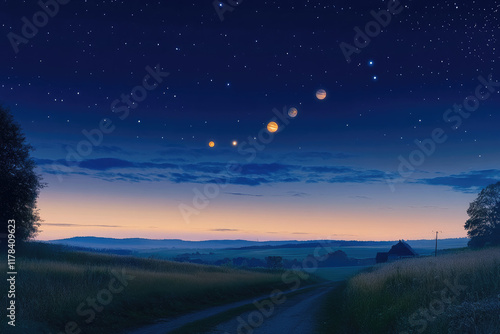 Wallpaper Mural  A rare celestial event featuring a planetary alignment, with Jupiter, Saturn, and Mars glowing brightly in a perfect line above a peaceful countryside at dawn Torontodigital.ca