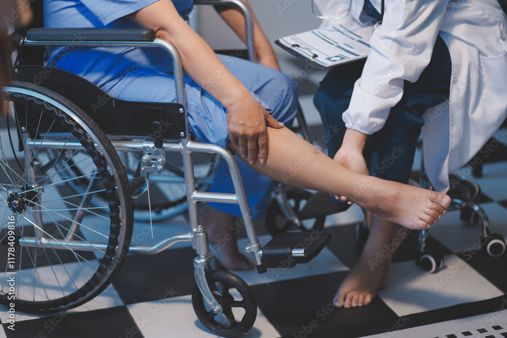 Obraz premium Asian young professional successful friendly female nurse in blue hospital uniform helping supporting physical therapy senior old pensioner unhealthy injury woman patient walking via four legs walker.