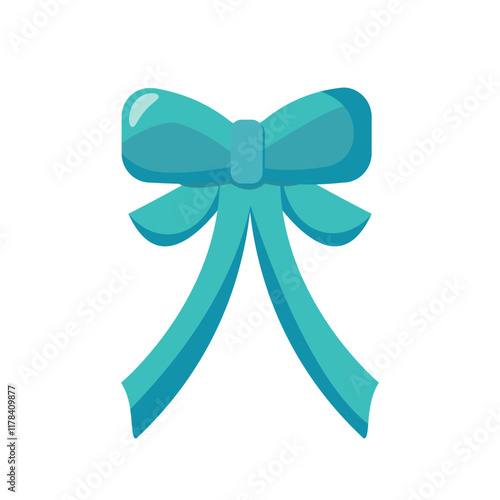 Turquoise decorative bow with ribbon, minimal flat style, isolated on white background, symbol of celebration and gift wrapping concept