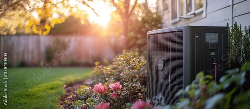 Energy-Efficient Air Conditioning Unit in a Lush Garden Setting at Sunset with Blooming Flowers and Greenery