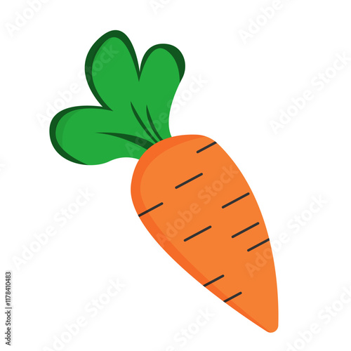 Flat graphic of an orange carrot with green leaves on a white background. Concept of vegetables and healthy eating