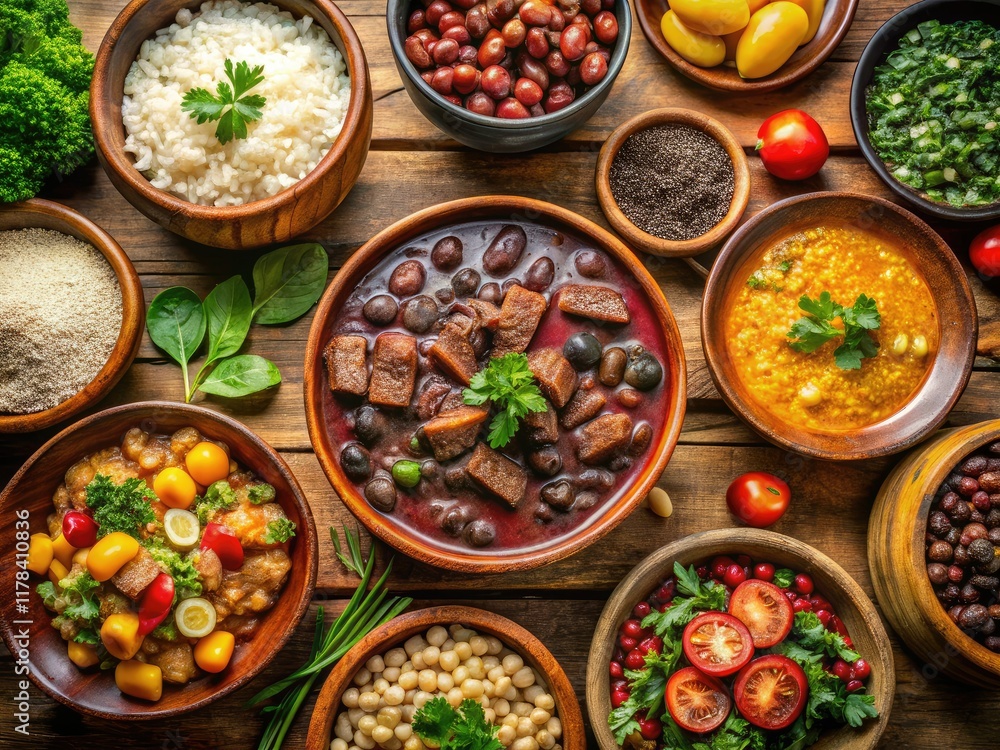 Aerial View Brazilian Feijoada Feast, Vibrant Colors, Delicious Food Aerial View Brazilian Feijoada Feast, Vibrant Colors, Delicious Food