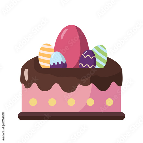 Chocolate-covered Easter cake topped with colorful striped eggs, flat cartoon style, isolated on a white background, festive concept