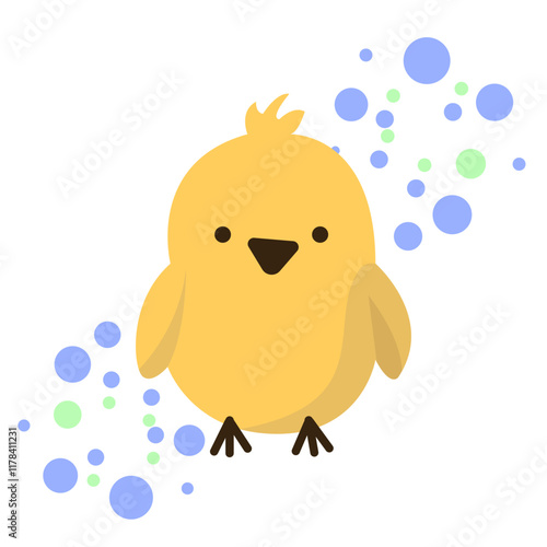 Adorable yellow bird with round features, surrounded by blue and green bubbles on a white background, concept of cuteness